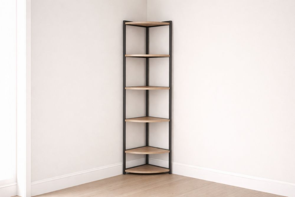 Étagère d'angle en métal noir et bois stratifié