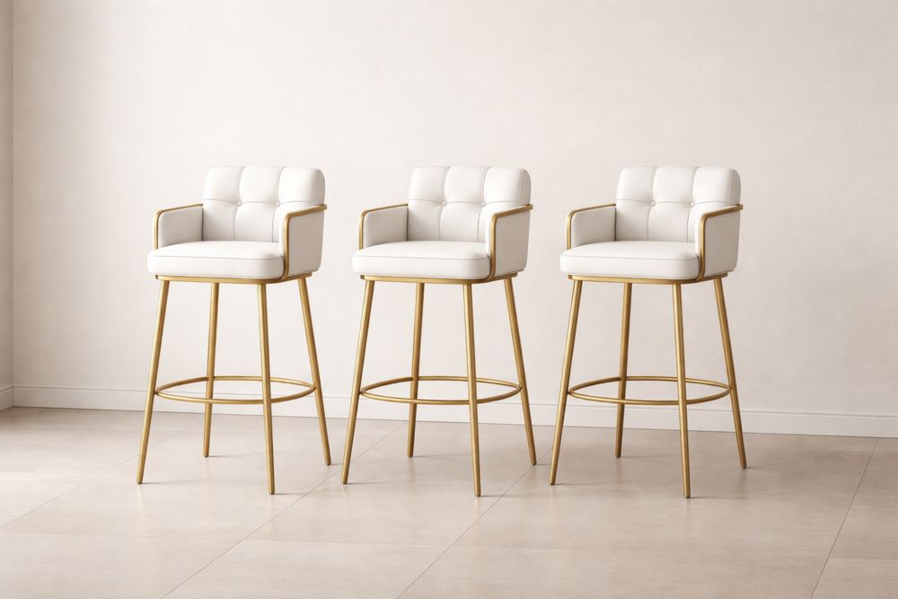 Lot de 3 Tabourets de Bar en PU Blanc et Métal Doré