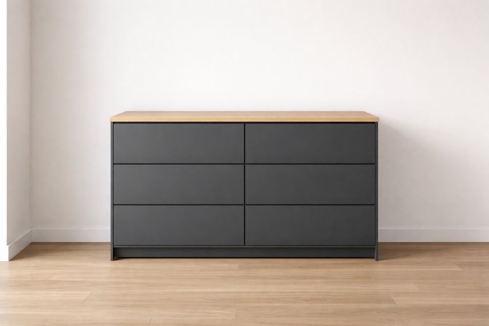 Commode à 6 tiroirs en MDF avec dessus en chêne, Noir et Bois