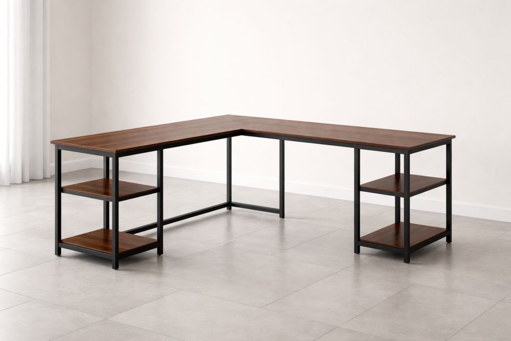 Bureau en L MDF marron avec cadre en métal noir et étagères