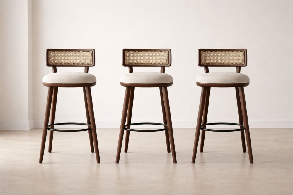 Tabouret de bar bois noyer avec assise en tissu beige et dossier en cannage ensemble de 3