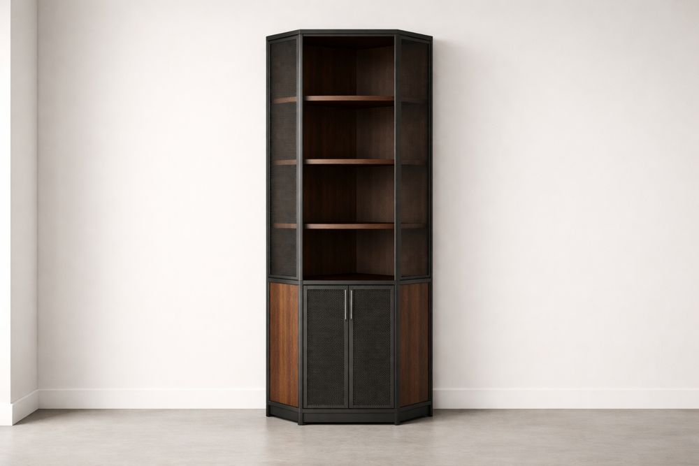 Étagère d'angle en bois et métal noir et marron