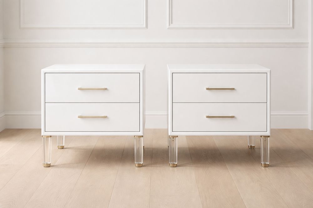 Ensemble de 2 tables de chevet en bois blanc et acrylique avec 2 tiroirs