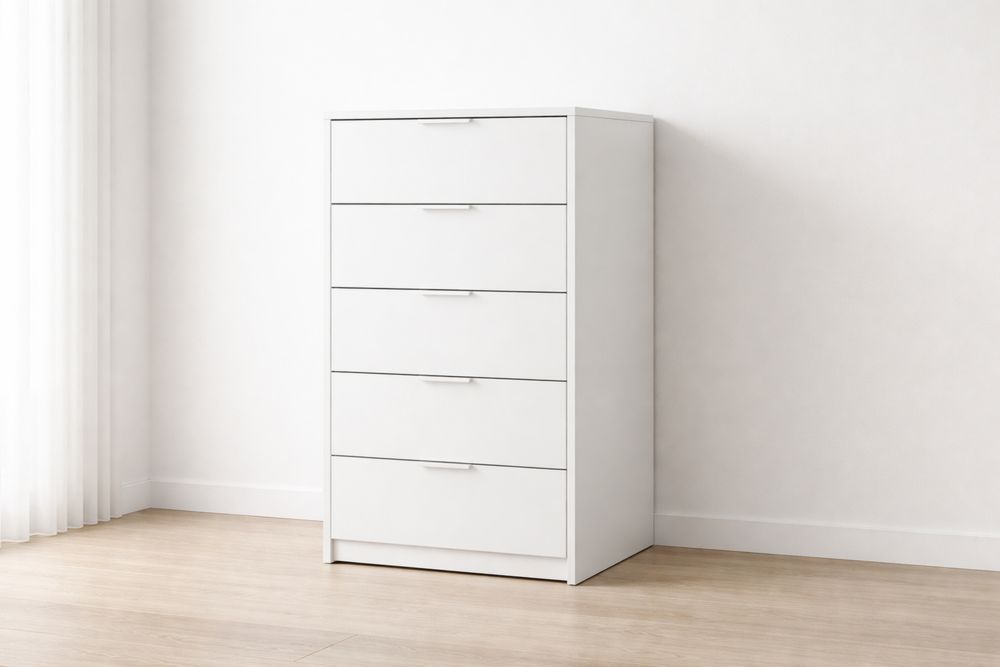 Commode en Bois MDF Blanc à Cinq Tiroirs