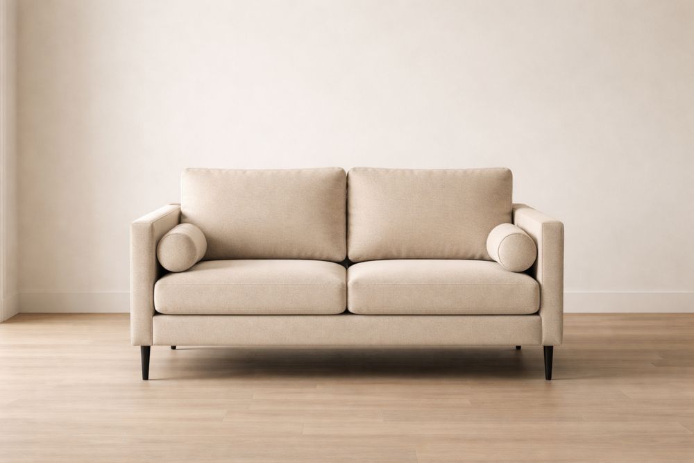 Canapé 2 places en tissu beige, structure bois, pieds métal