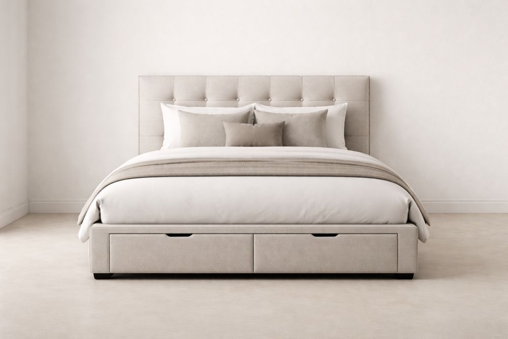 Lit double en tissu avec rangement Crème