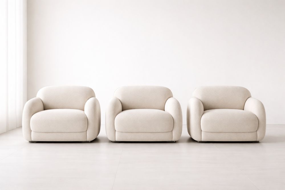 Lot de 3 Fauteuils en Tissu Beige avec Structure en Bois