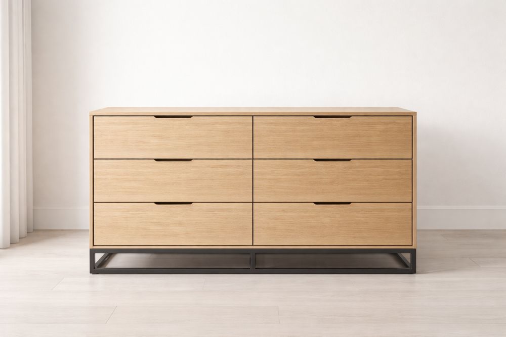 Commode 6 tiroirs bois-chêne et métal