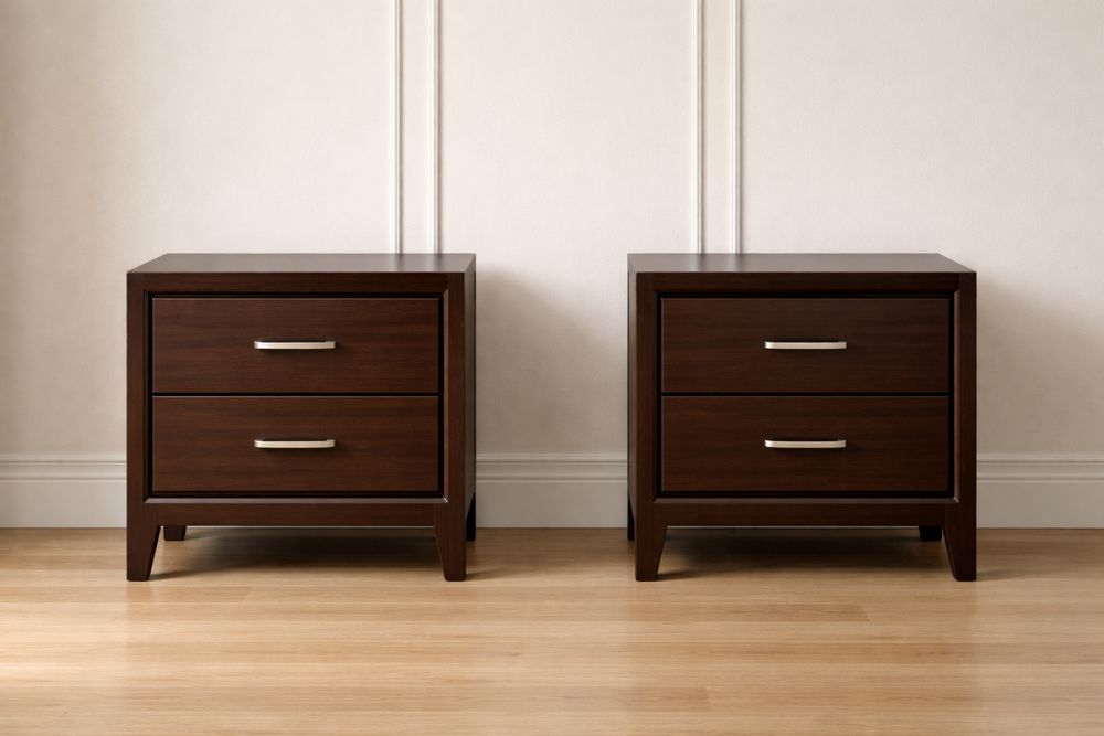 Paire de tables de chevet en bois brun foncé avec deux tiroirs