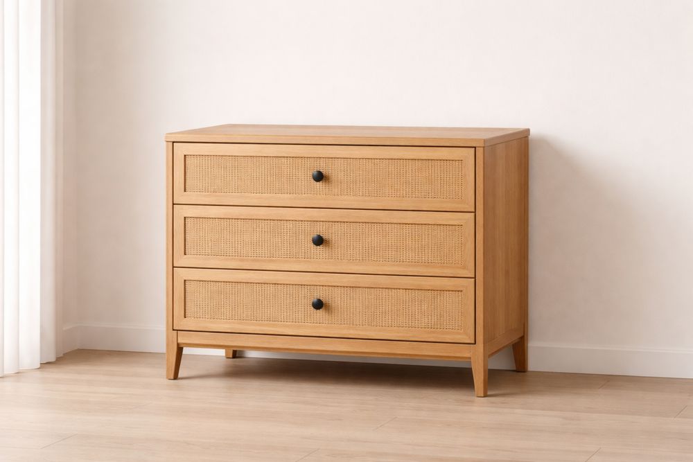 Commode en Bois et Rotin 3 Tiroirs Naturel