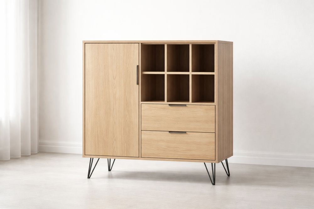 Meuble bar en bois clair avec étagères et tiroirs