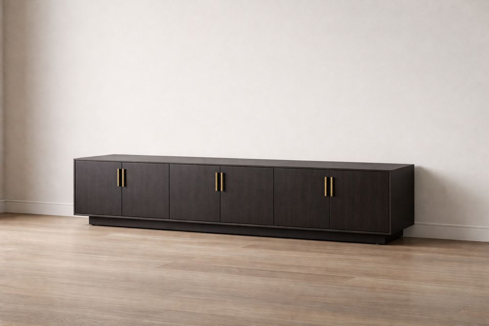 Meuble TV en bois foncé avec poignées métalliques 220x45x50 cm