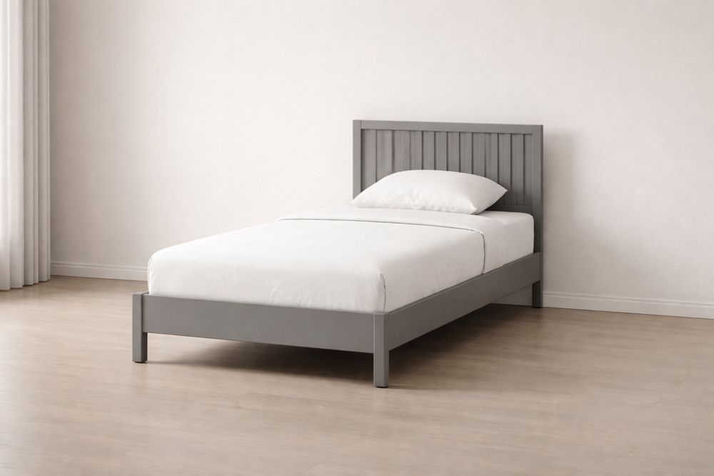 Lit Simple Bois Gris avec Matelas et Oreiller