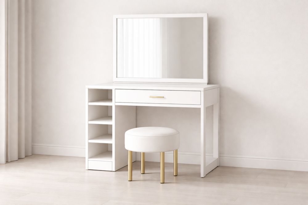 Coiffeuse avec miroir MDF, 1 tiroir et tabouret