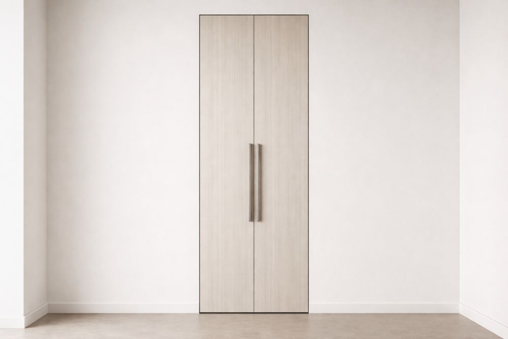Porte de placard en bois stratifié à double battant avec poignées métalliques