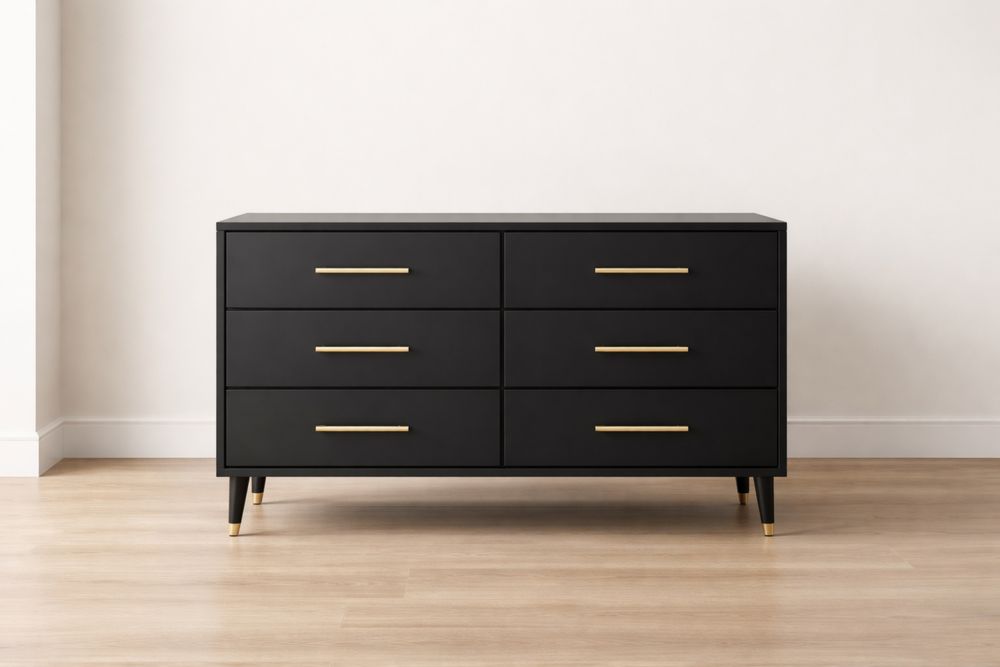 Commode 6 tiroirs en bois noir avec poignées en métal
