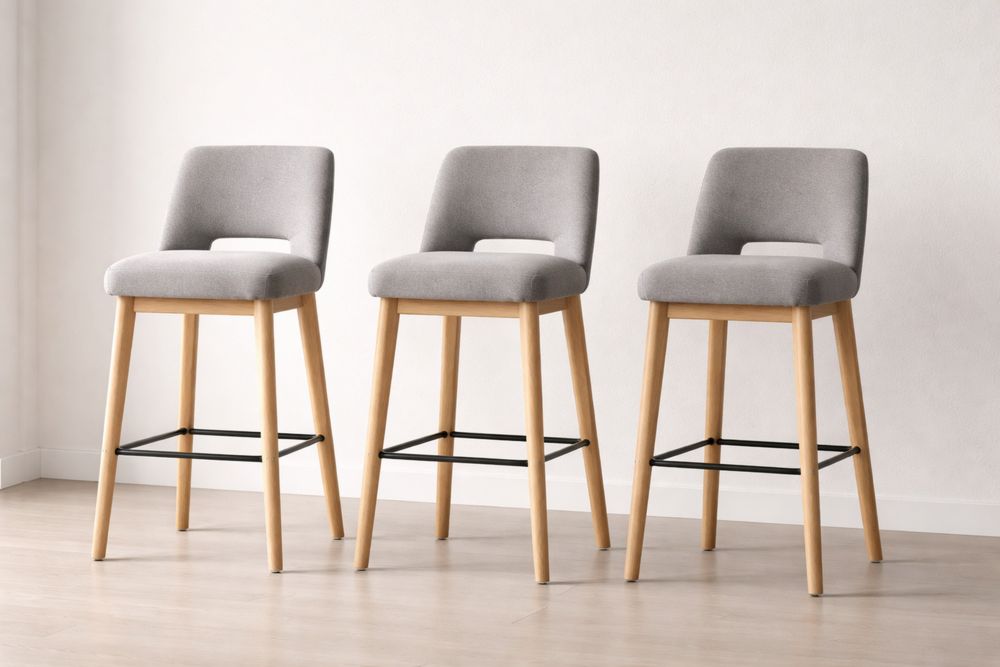 Lot de 3 Tabourets de Bar en Tissu Gris avec Pieds en Bois
