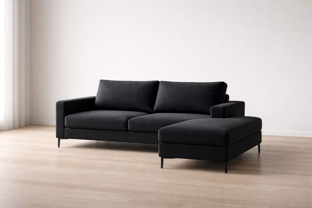 Canapé d'angle en tissu noir avec pieds en métal