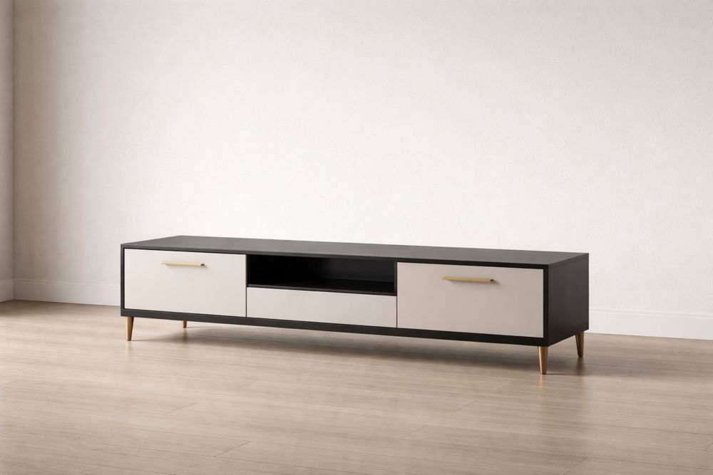 Meuble TV en Bois Composite avec Pieds en Métal Noir/Beige 180x40x35 cm