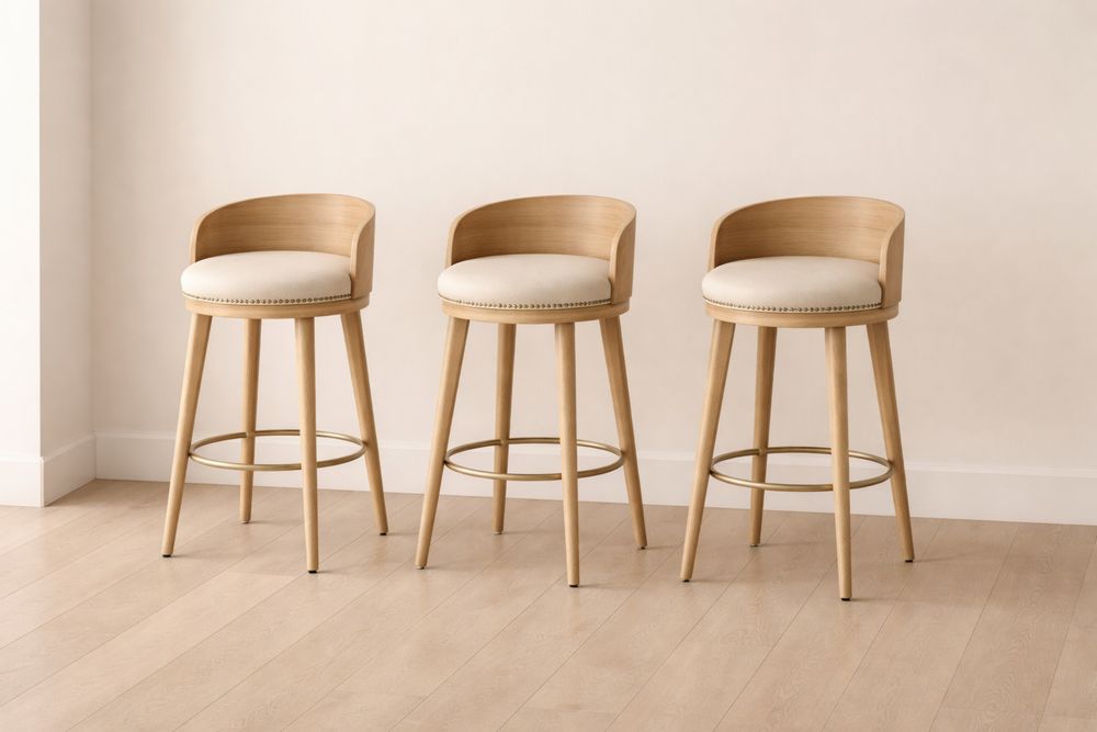 Set de 3 Tabourets de Bar en Bois et Tissu Beige