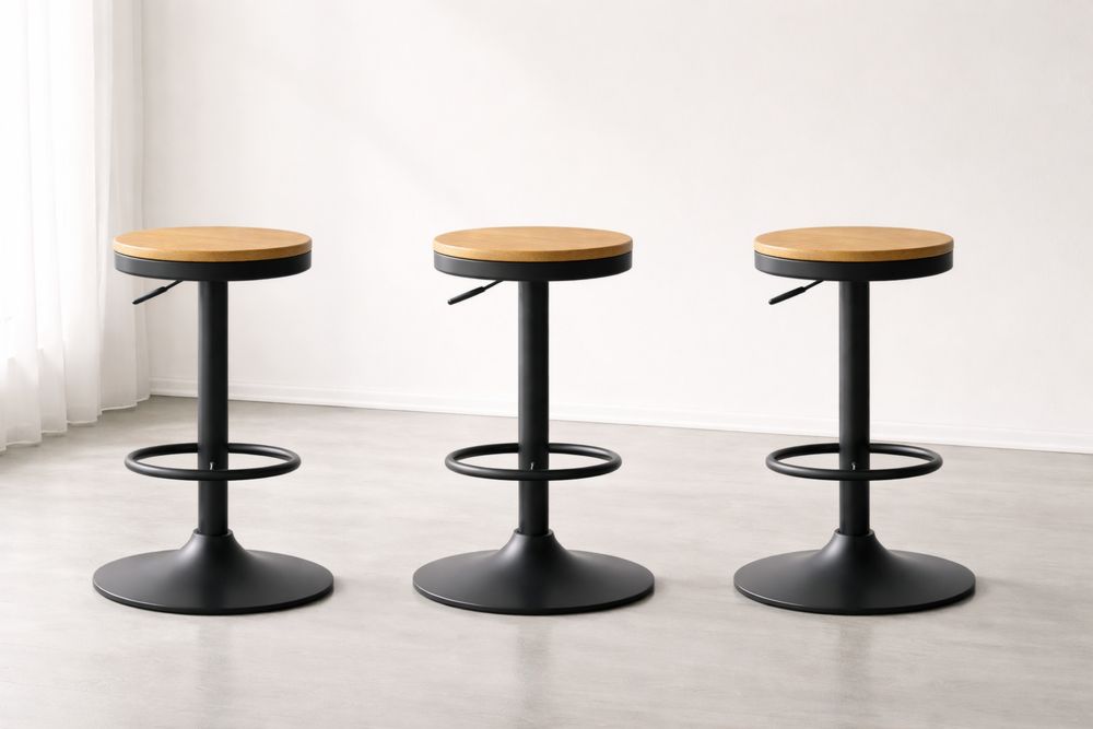 Tabouret de bar réglable en bois et métal noir, lot de 3