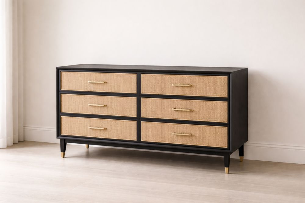 Commode 6 tiroirs en Bois et Rotin Noir