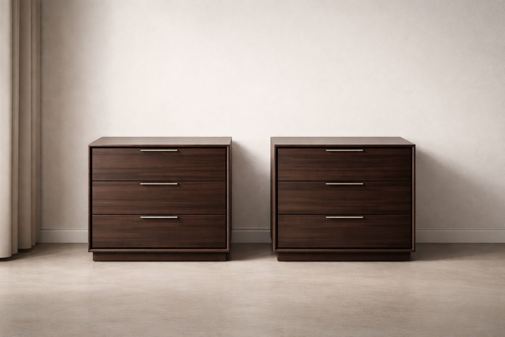 Ensemble de 2 commodes en bois marron foncé à trois tiroirs