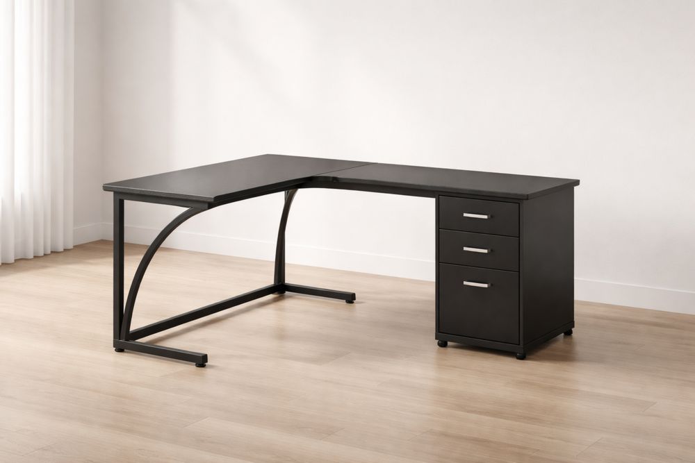 Bureau d'angle en bois et métal avec 3 tiroirs