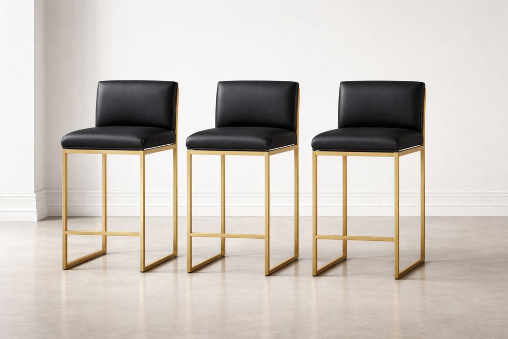 Set de 3 tabourets de bar en cuir noir et métal doré