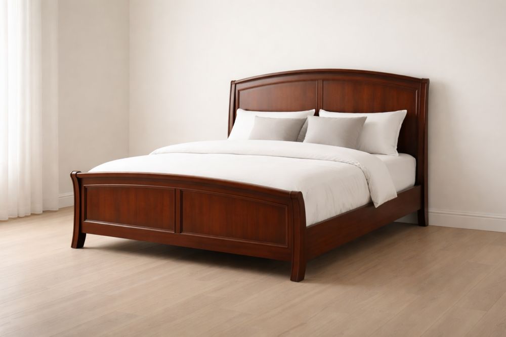 Lit double en bois massif avec tête et pied de lit arqués