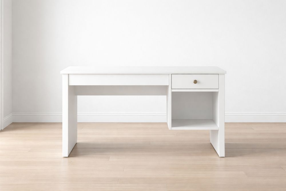 Bureau rectangulaire blanc en panneaux de particules avec tiroir