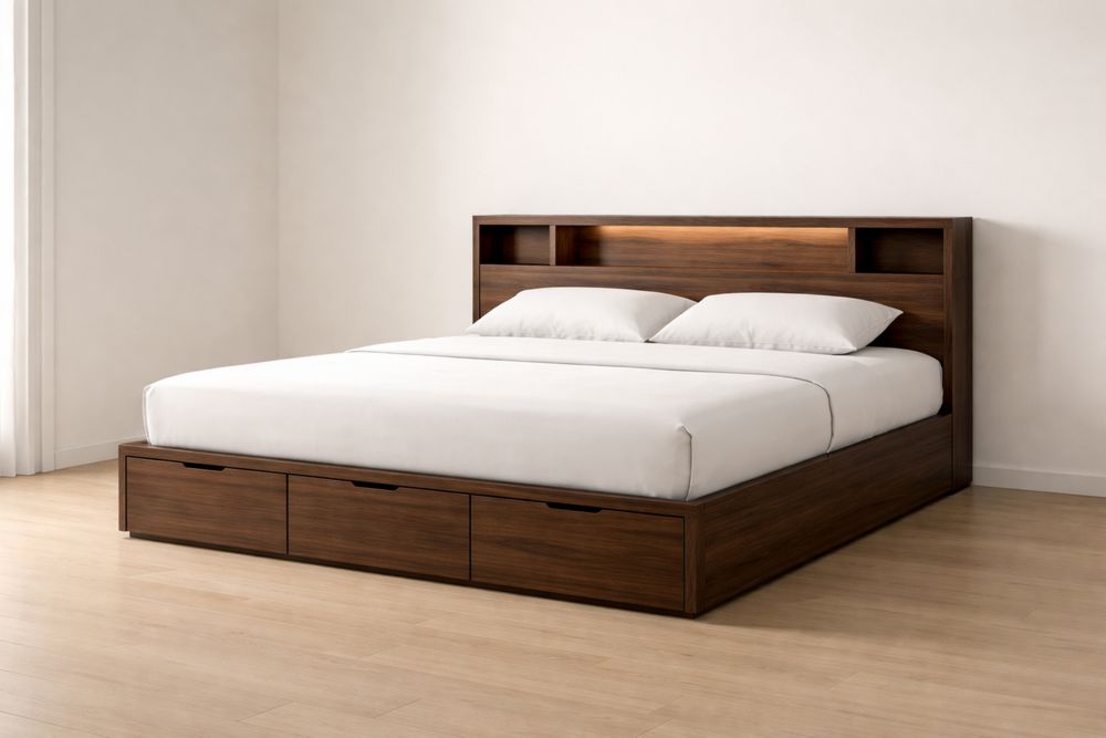 Lit double en bois massif brun foncé avec tiroirs