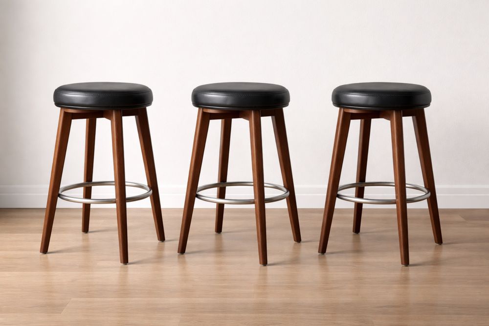 Tabourets de bar en bois et similicuir noir, lot de 3