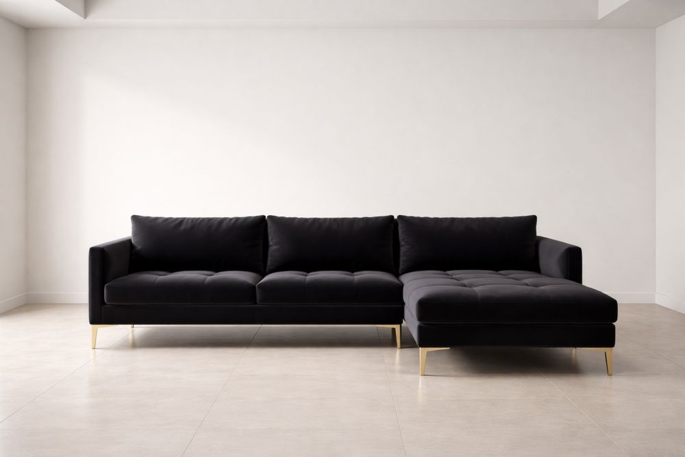 Canapé d'angle en velours noir avec pieds en métal doré