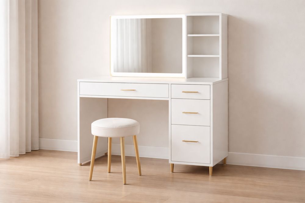 Coiffeuse Blanche avec Miroir LED et Tabouret