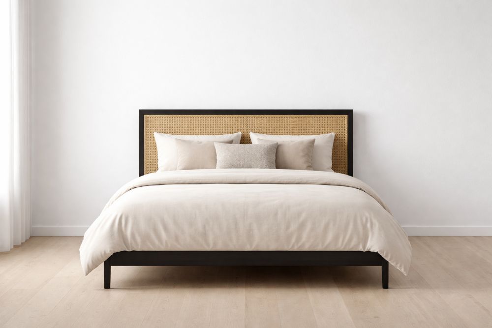 Lit double en bois avec tête de lit en rotin tissé 160x200×100 cm