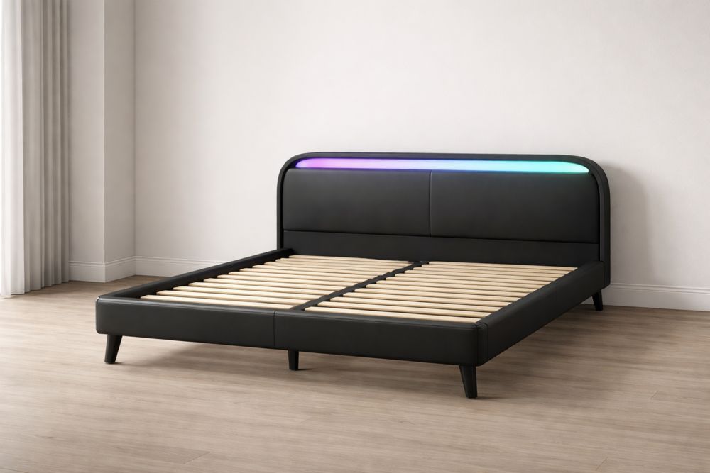 Cadre de Lit Simili Cuir Noir avec LED  200 cm x 140 cm x 35 cm