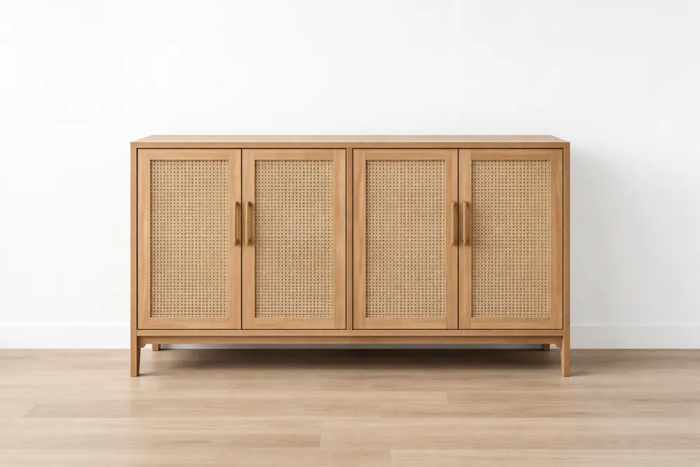 Buffet en Bois massif et Rotin 4 Portes 150x40x85 cm