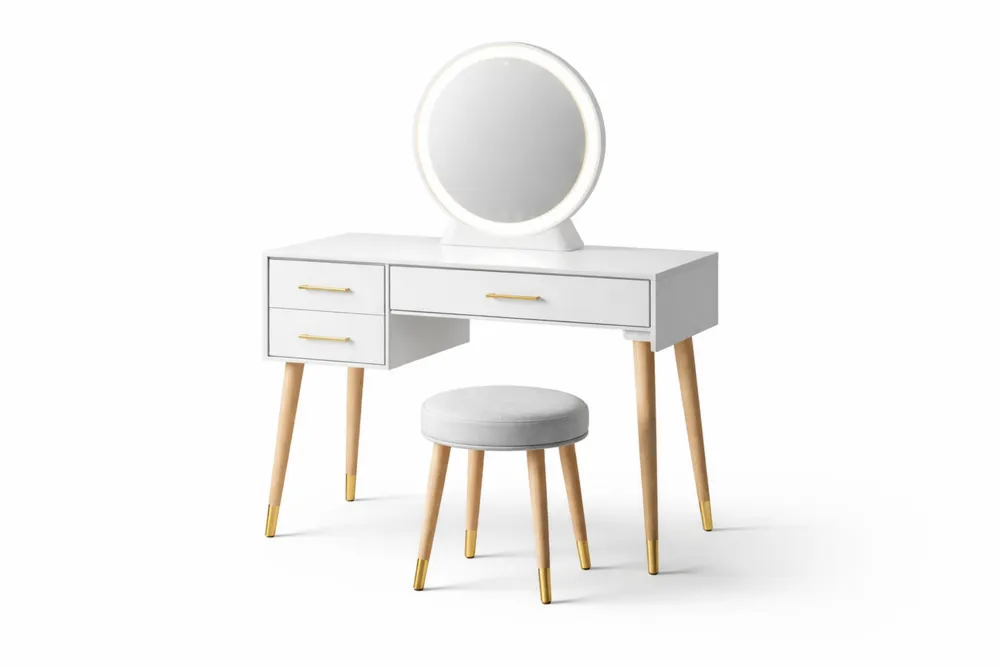 Coiffeuse Blanc avec Miroir LED et Tabouret en Bois massif