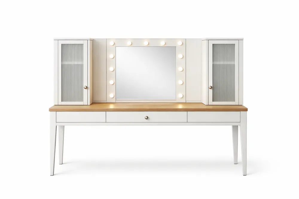 Coiffeuse en Bois Blanc et Chêne avec Miroir à LED et Rangements