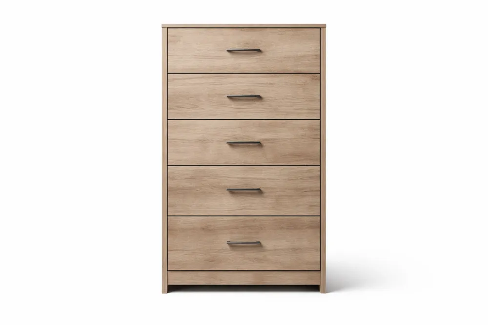 Commode 5 tiroirs en bois d'ingénierie chêne clair