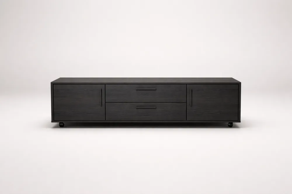 Meuble TV en Bois composite Noir avec 2 Portes et 2 Tiroirs