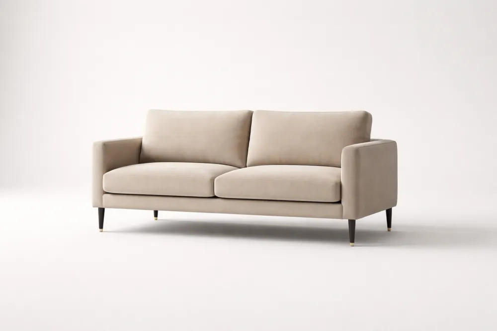 Canapé 2 places en tissu beige avec pieds en bois massif