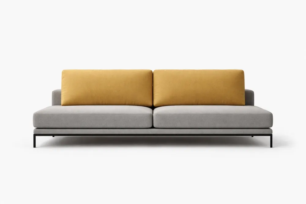 Canapé deux places en tissu polyester gris et jaune avec cadre en acier