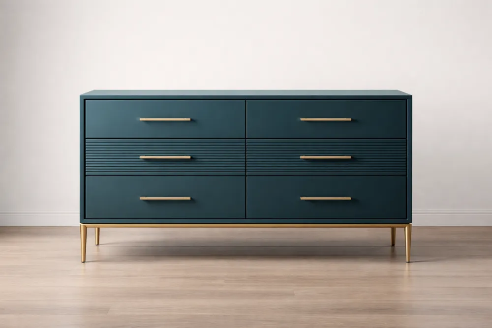 Commode 6 tiroirs bois/aluminium bleu foncé