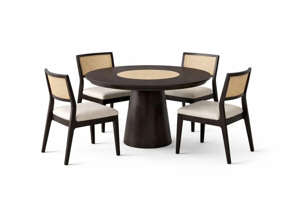 Ensemble table ronde et 4 chaises en bois massif et rotin, tissu beige