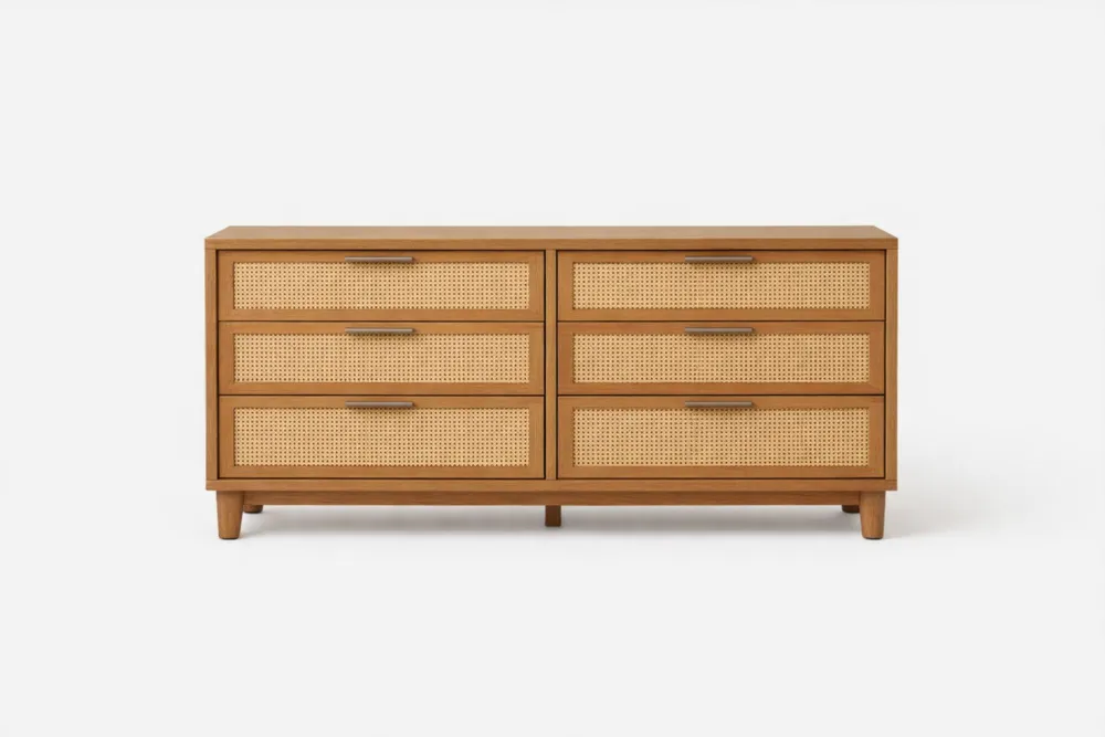 Commode 6 Tiroirs Bois massif et Rotin 150x40x80 cm