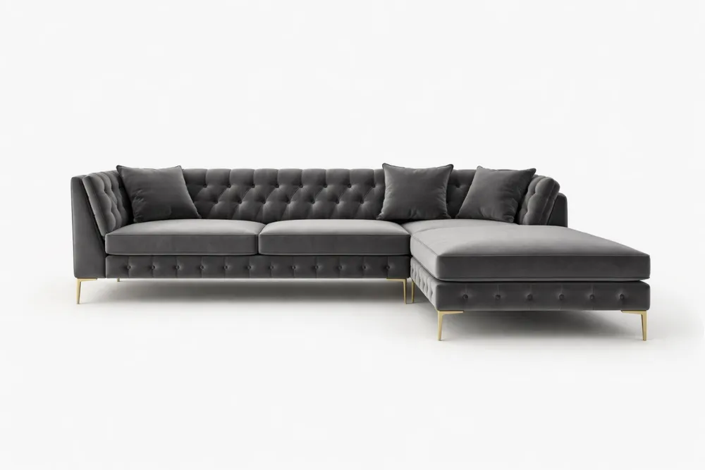Canapé d'angle en velours gris avec pieds en aluminium doré