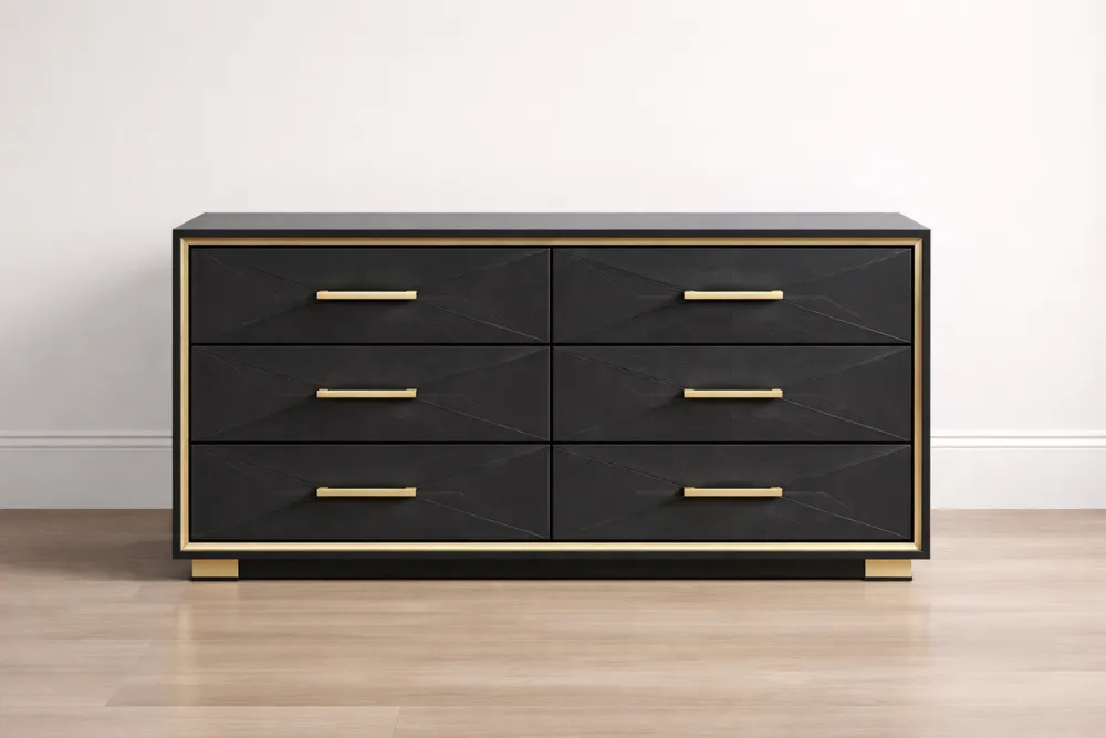 Commode en MDF Noir et Aluminium Doré à 6 Tiroirs