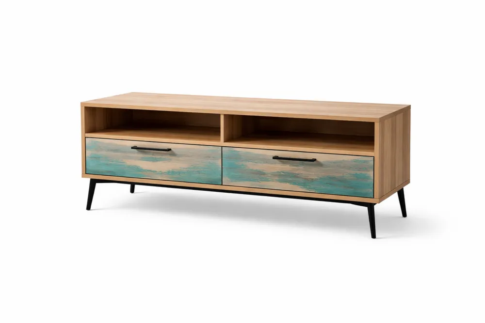 Meuble TV en MDF avec tiroirs vintage Bleu et Naturel